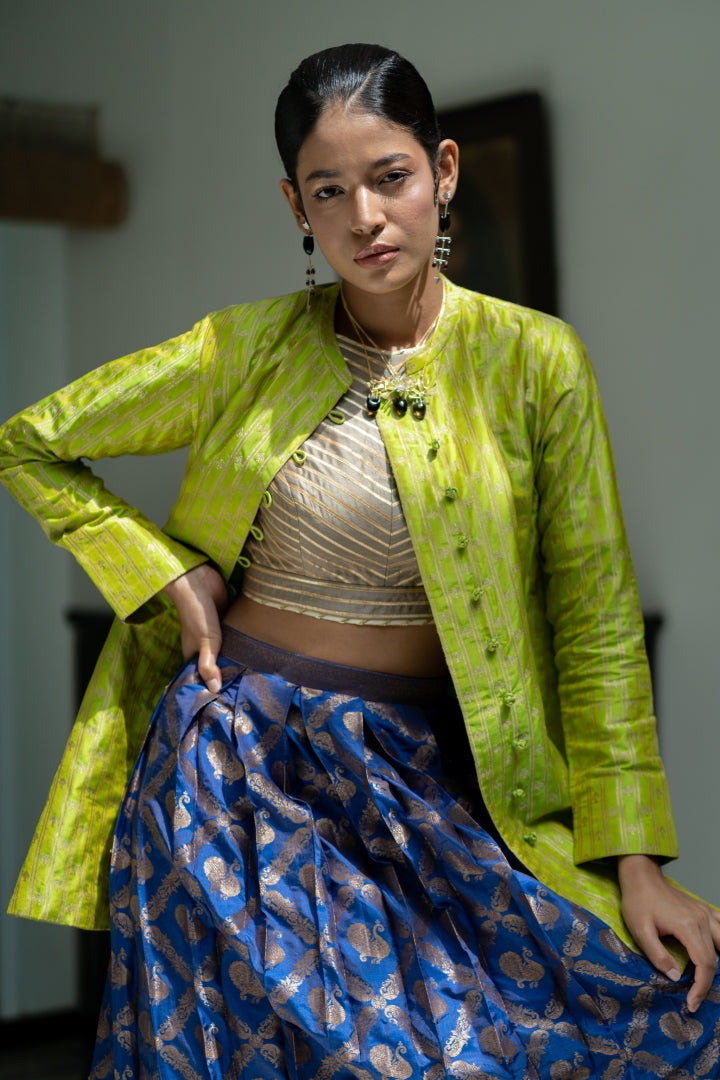 Peridot Green & Gold Checkered Woven Benarasi Silk Jacket