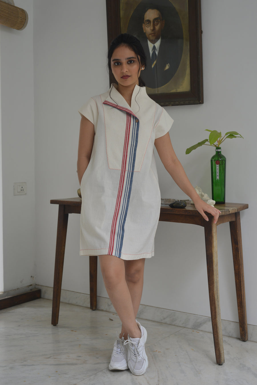 High Collar Signature Knee Cotton Dress