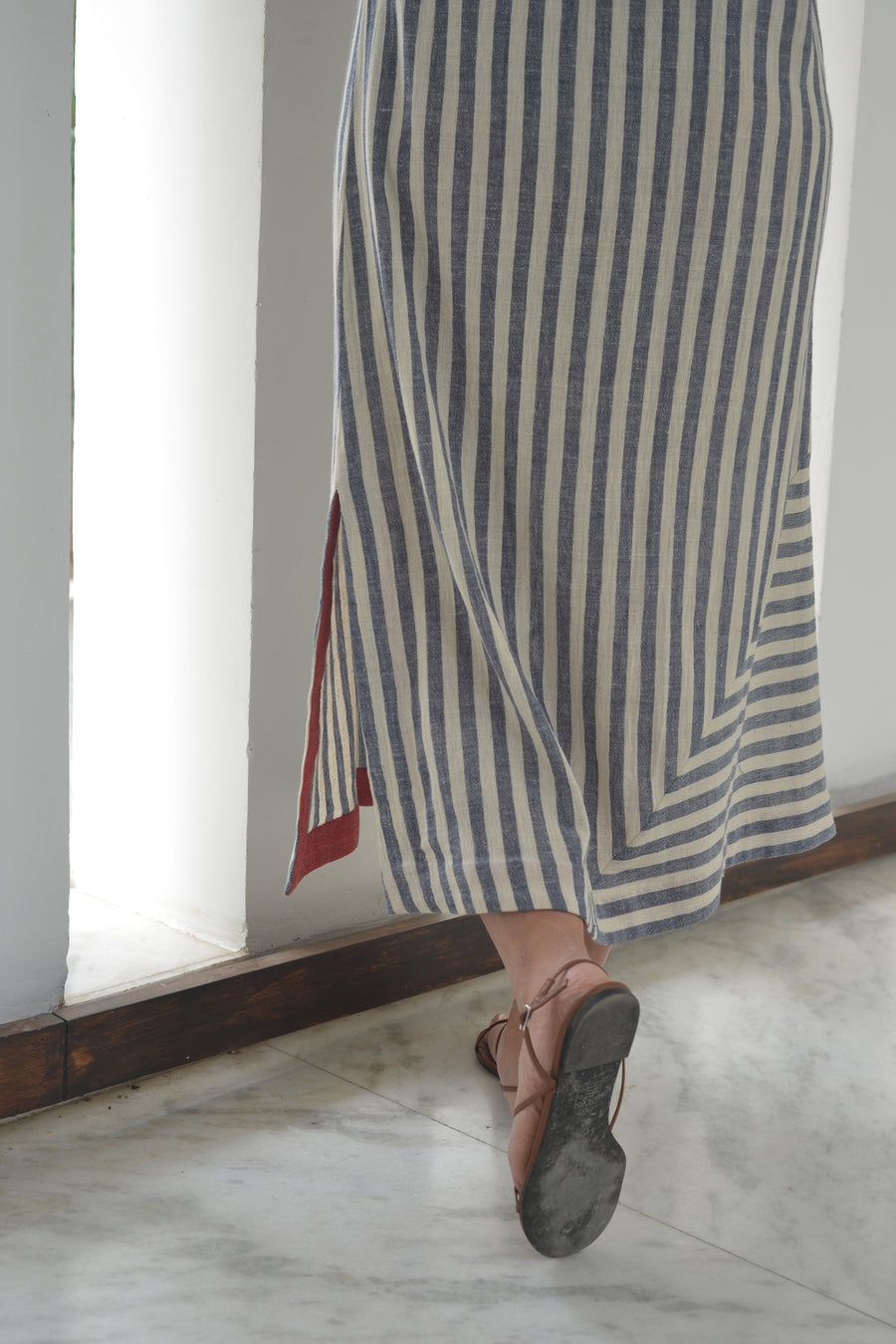 Engineered Stripes Long Cotton Dress with a Side Slit