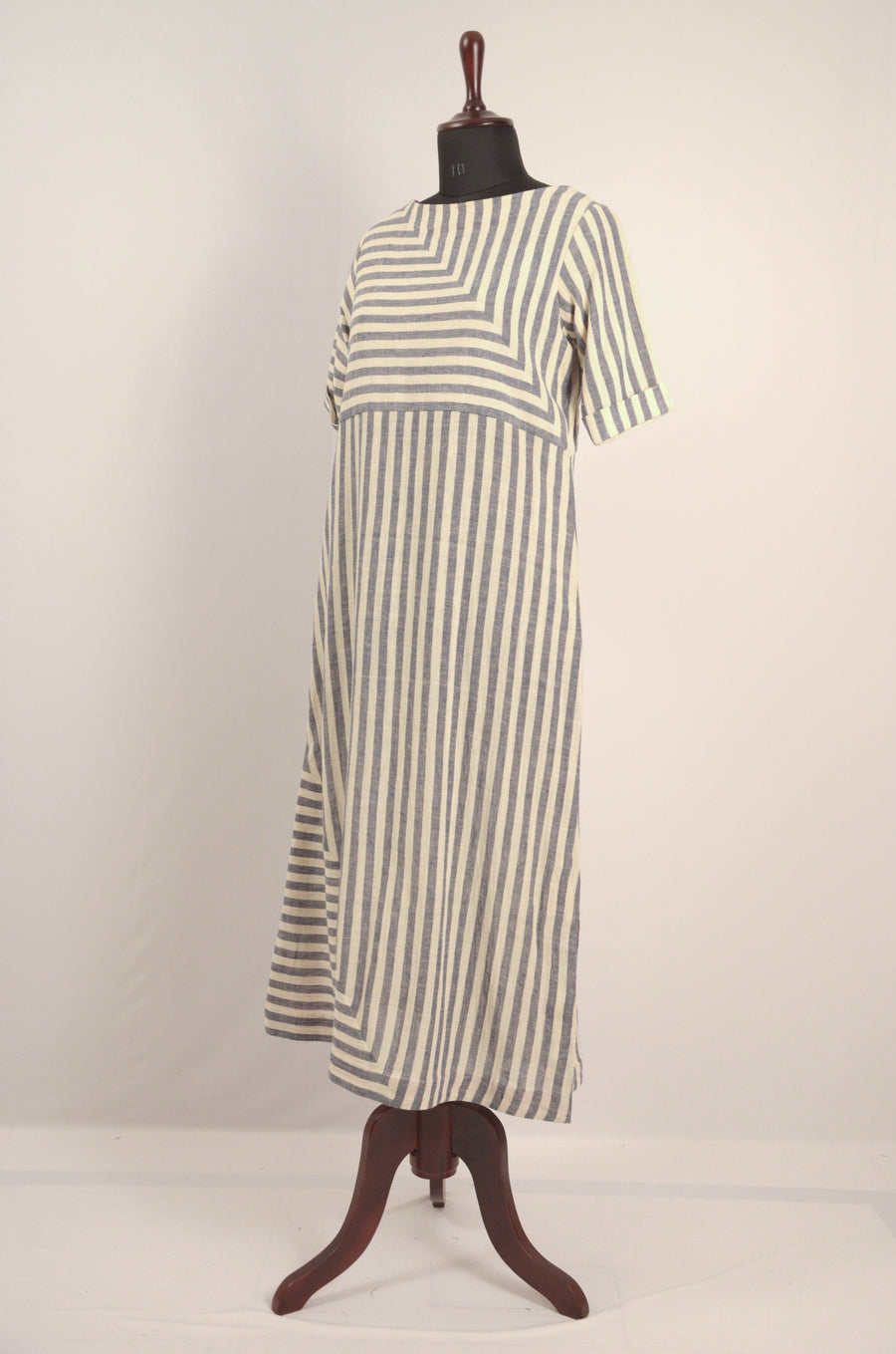 Engineered Stripes Long Cotton Dress with a Side Slit