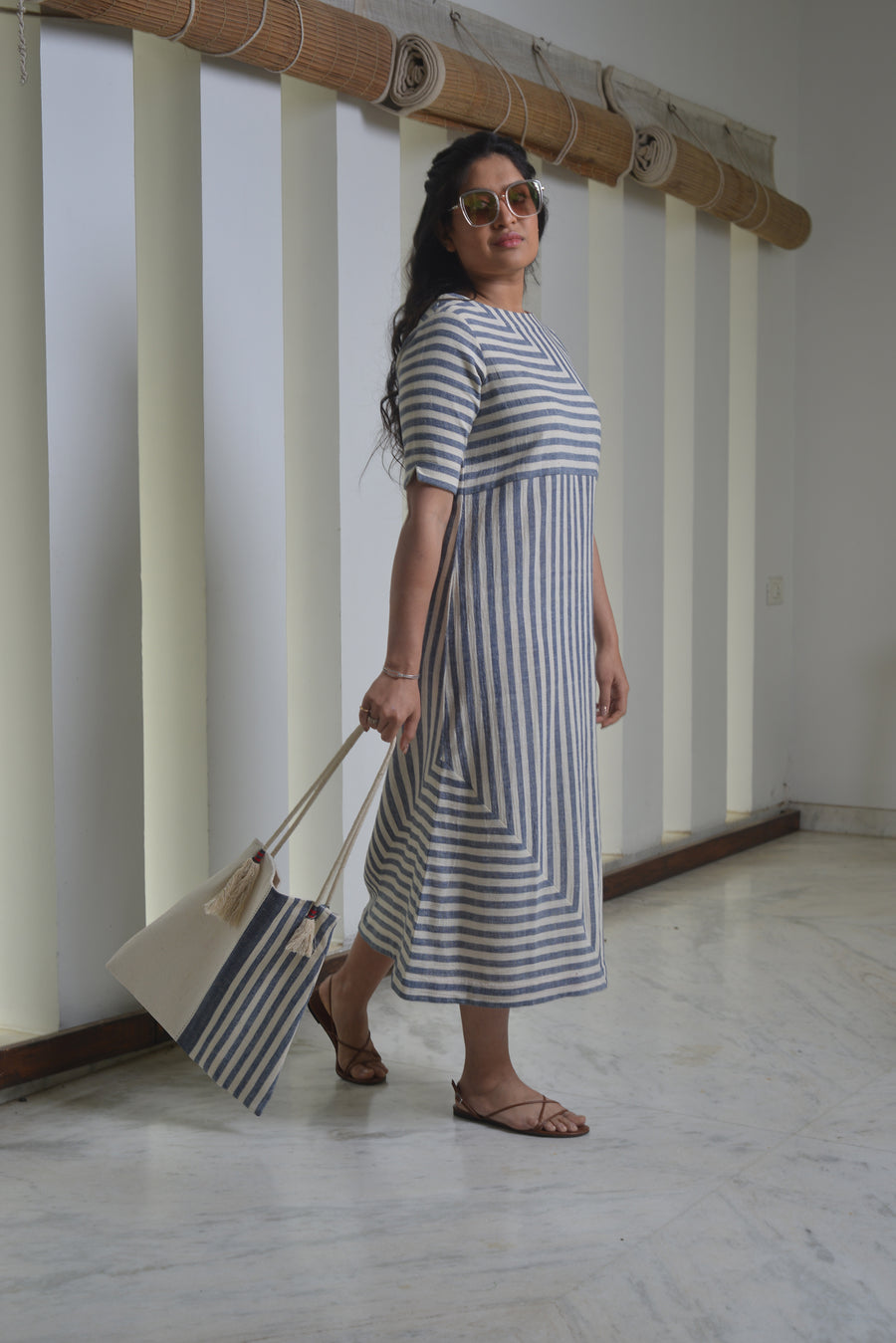 Engineered Stripes Long Cotton Dress with a Side Slit