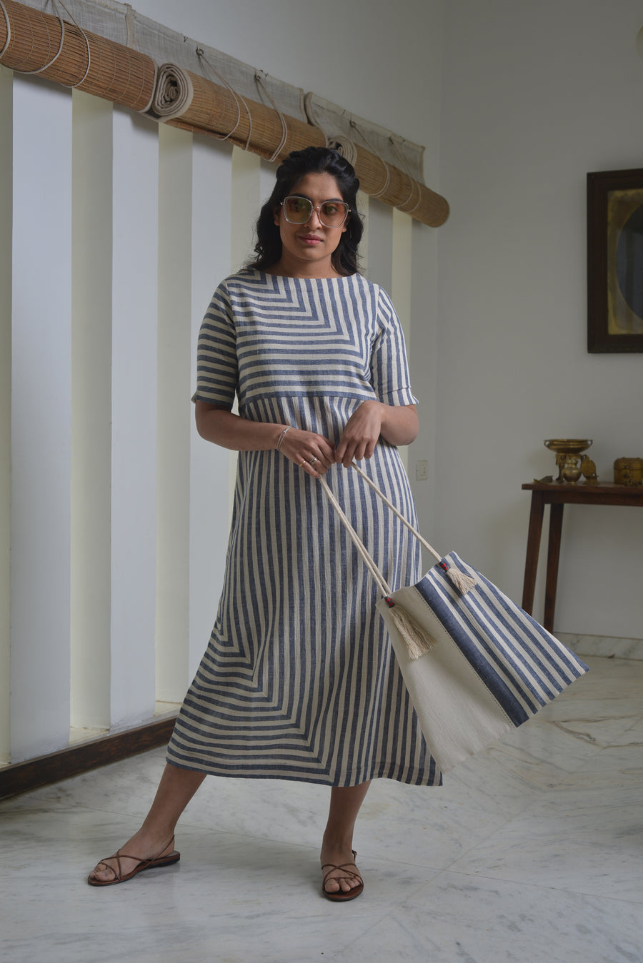 Engineered Stripes Long Cotton Dress with a Side Slit