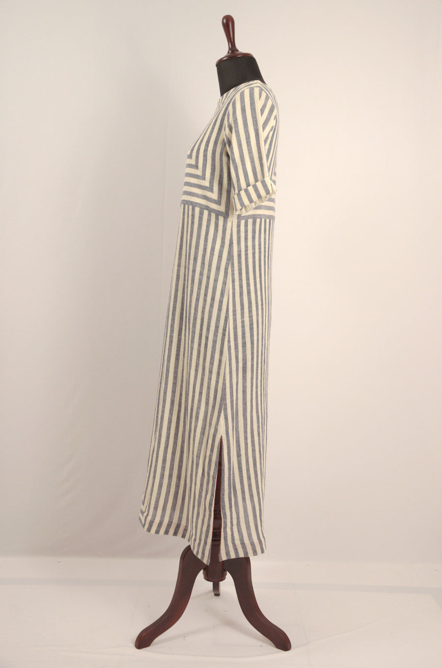 Engineered Stripes Long Cotton Dress with a Side Slit