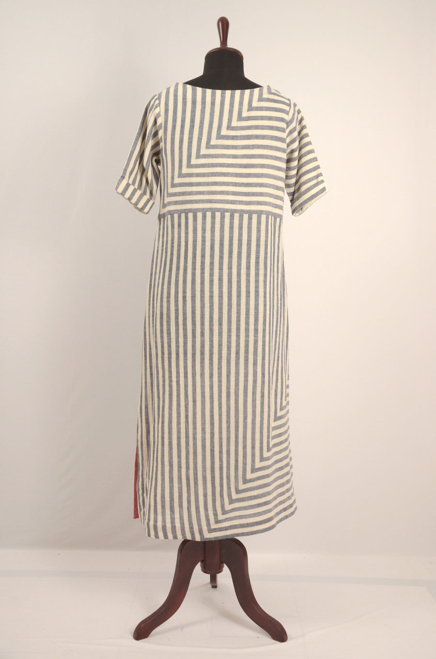 Engineered Stripes Long Cotton Dress with a Side Slit