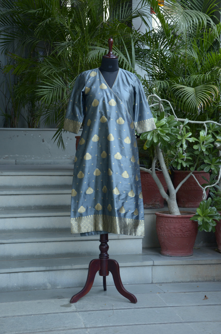 Smoky Grey Angarkha Handloom Beanarasi Silk Kurta