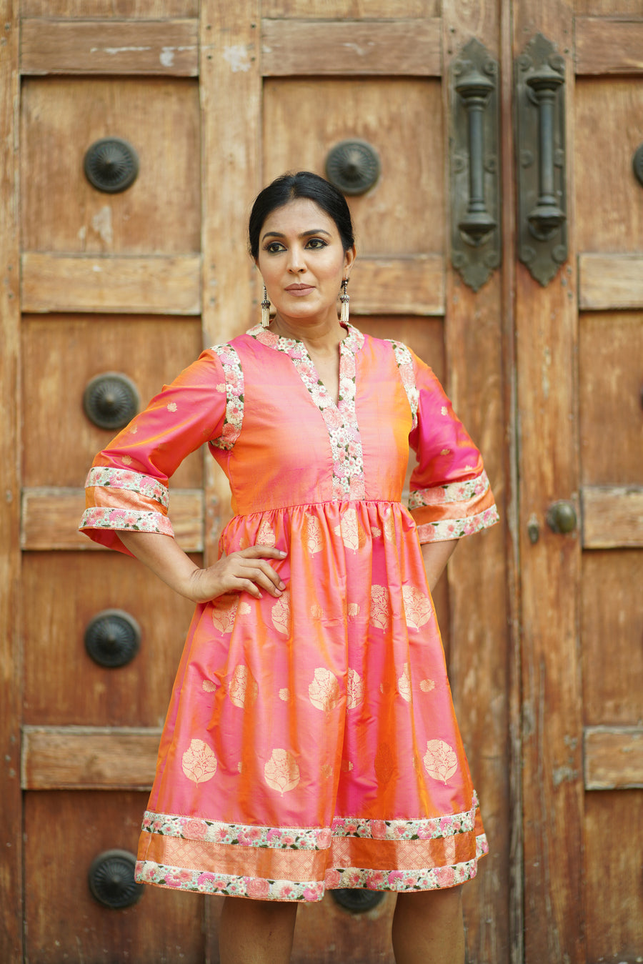 Coral Pink Woven Banarasi Fusion Dress