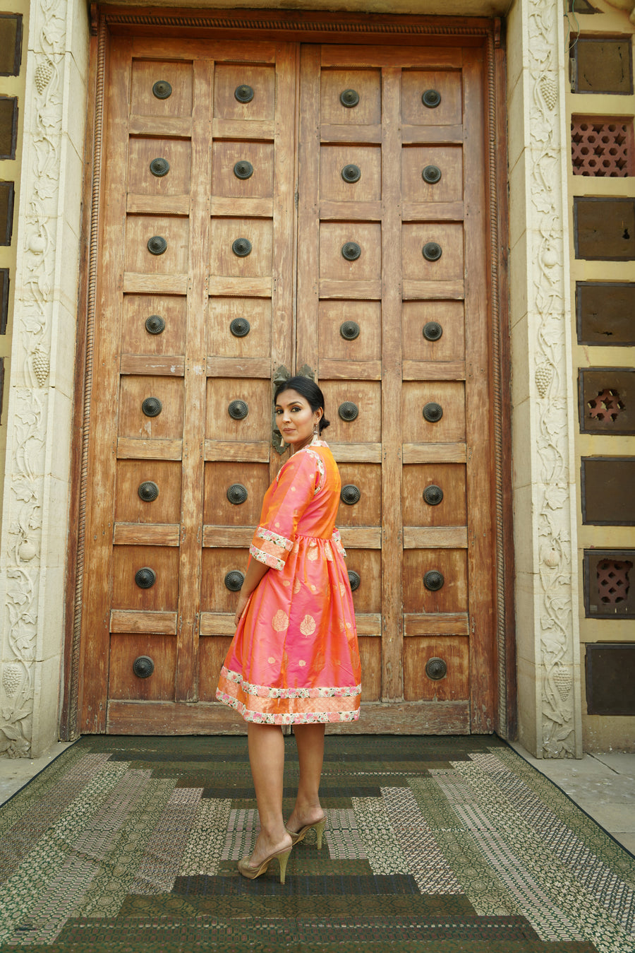 Coral Pink Woven Banarasi Fusion Dress