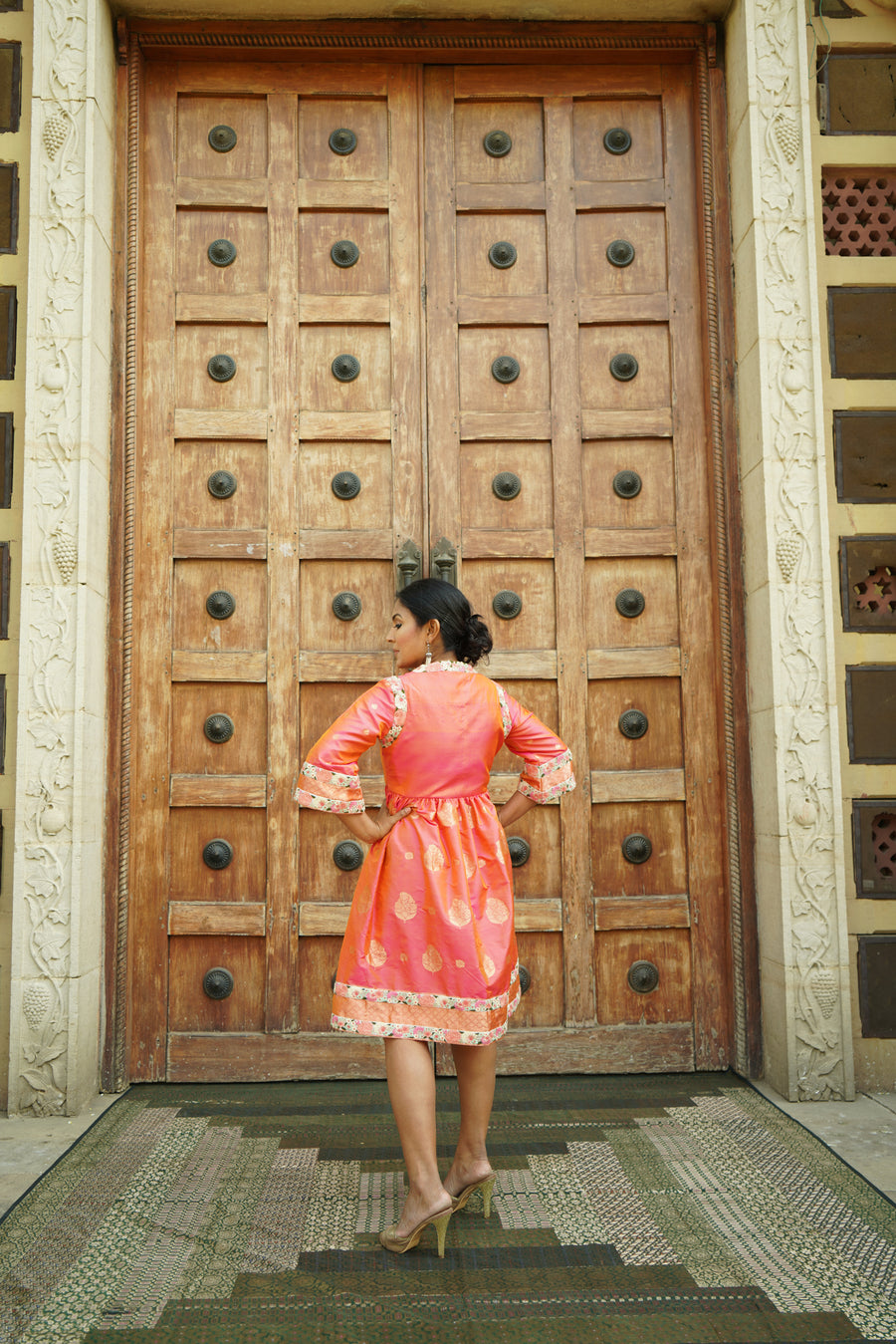 Coral Pink Woven Banarasi Fusion Dress