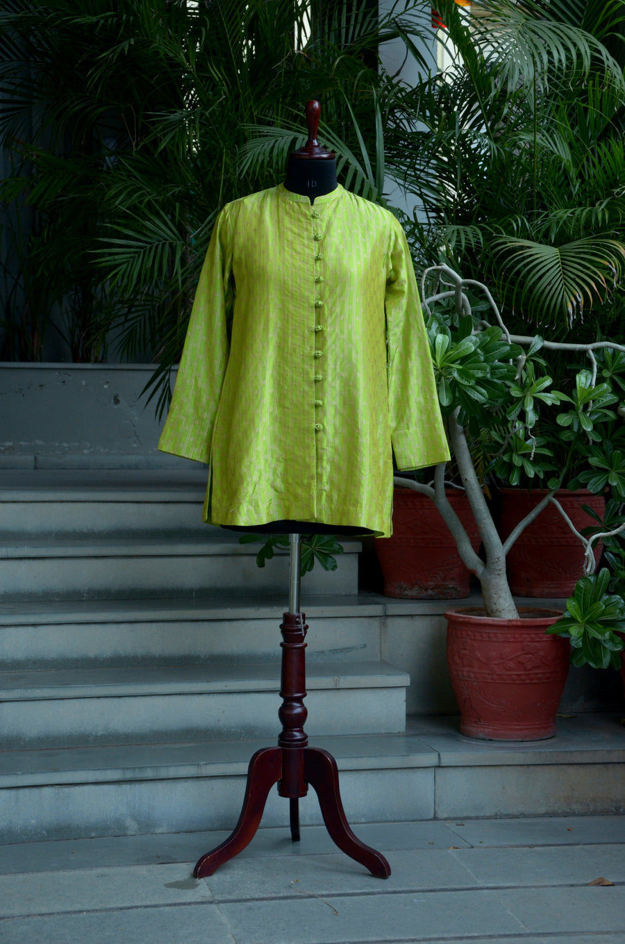 Peridot Green & Gold Checkered Woven Benarasi Silk Jacket