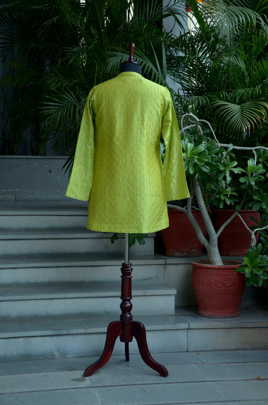 Peridot Green & Gold Checkered Woven Benarasi Silk Jacket