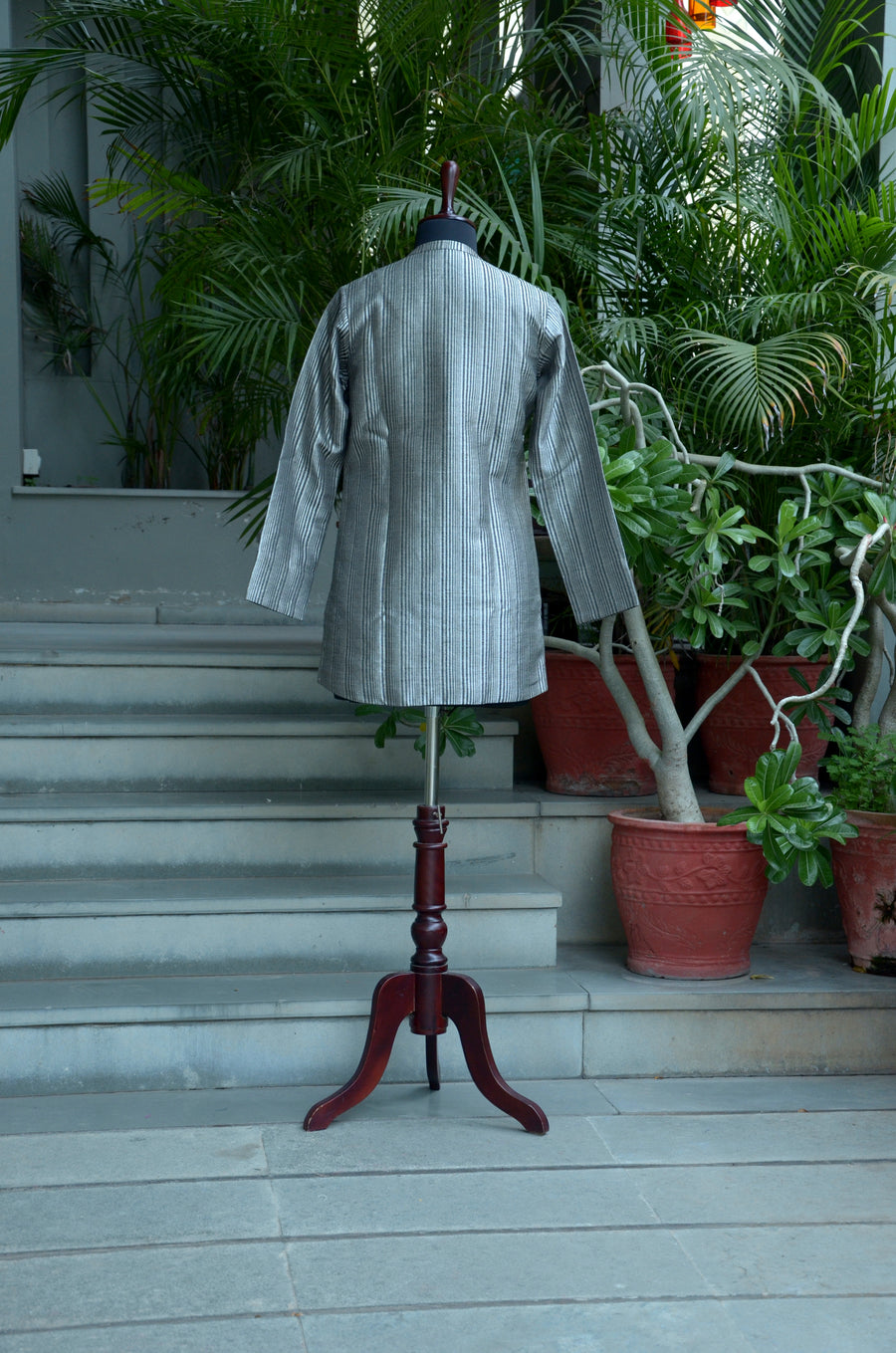 Charcoal Black & Silver Stripped Benarasi Silk Jacket