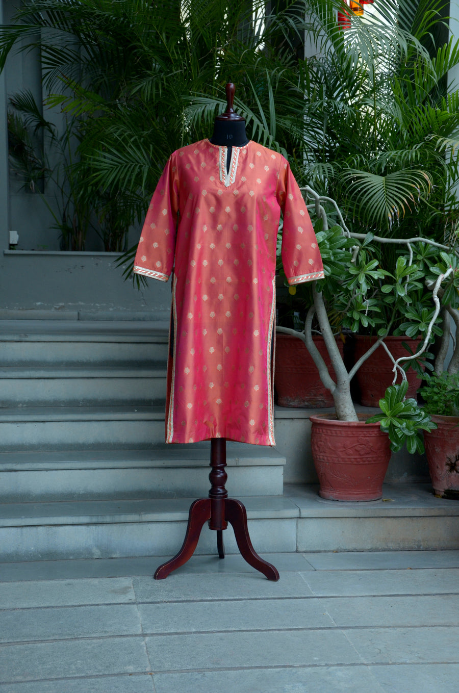 Coral Peach Woven Silk Kurta