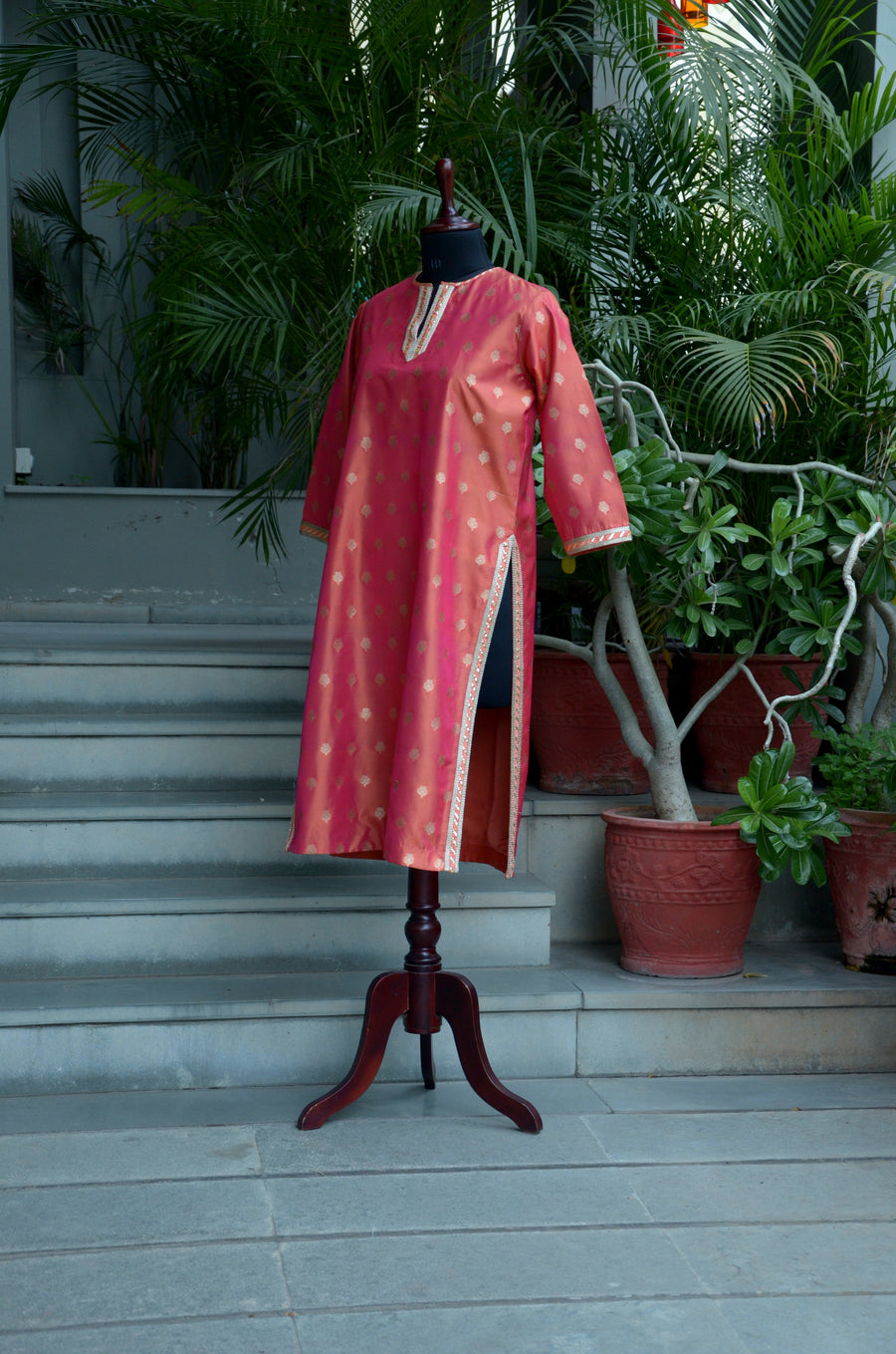 Coral Peach Woven Silk Kurta