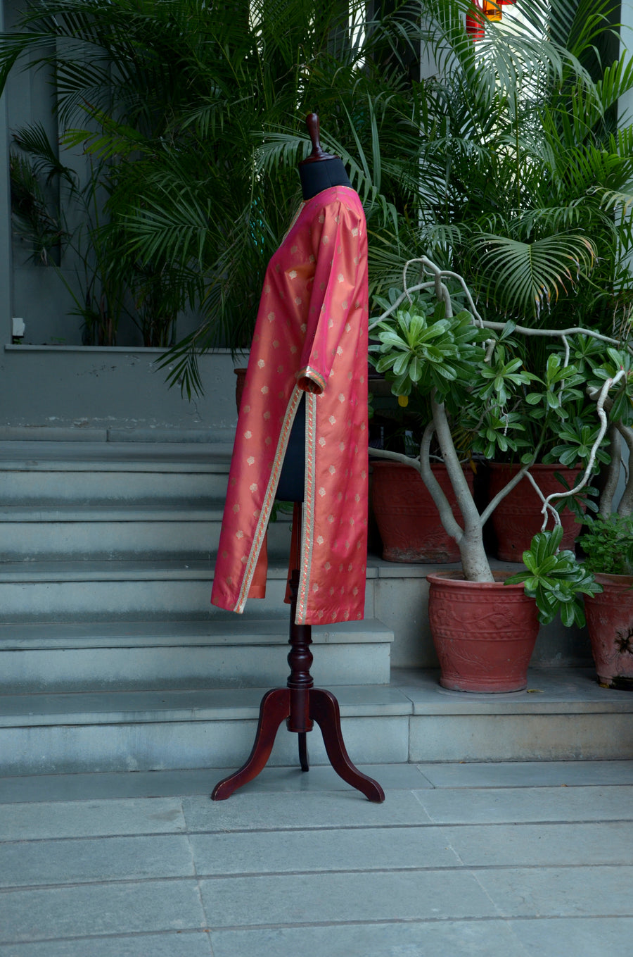 Coral Peach Woven Silk Kurta