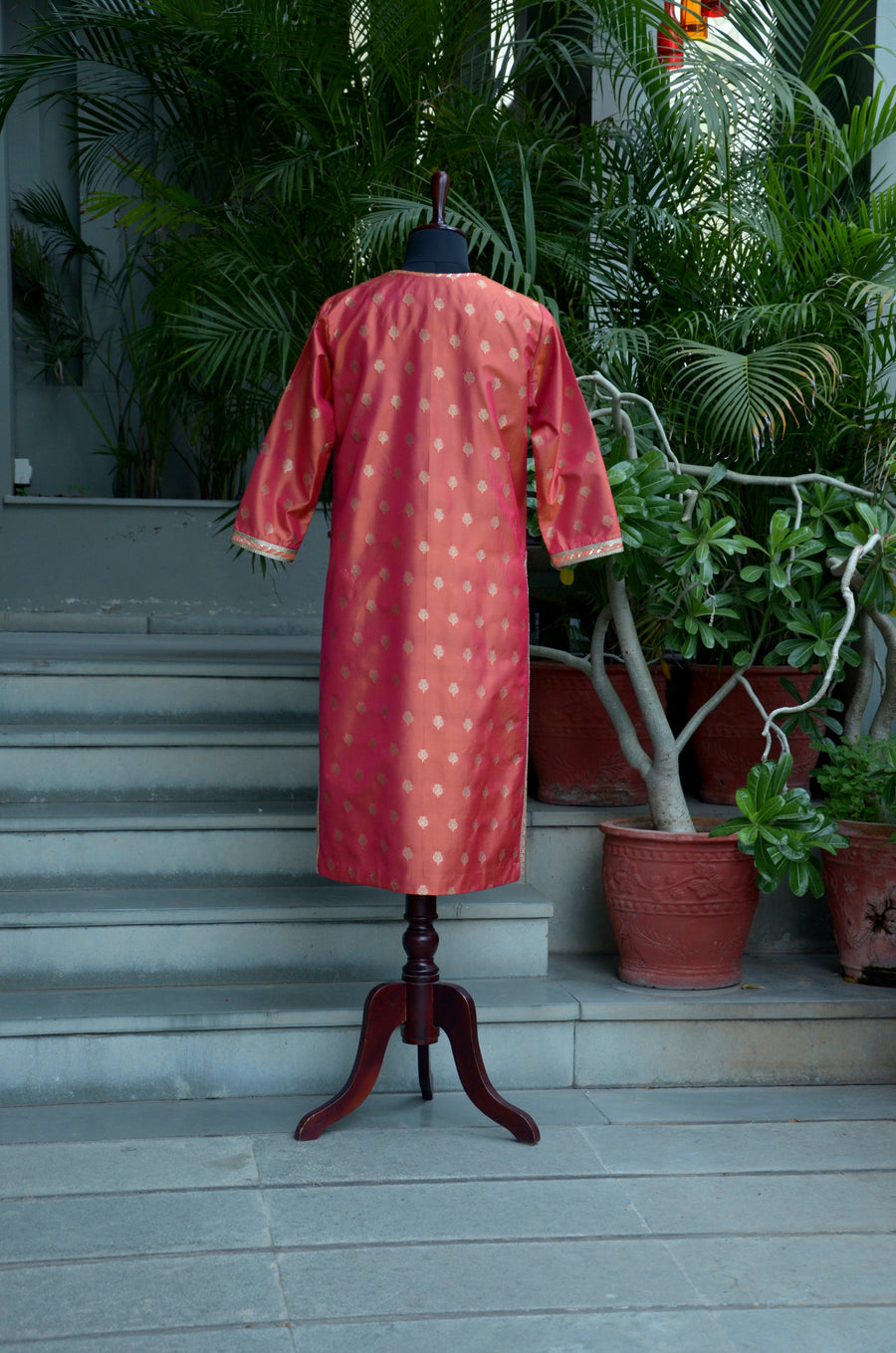 Coral Peach Woven Silk Kurta