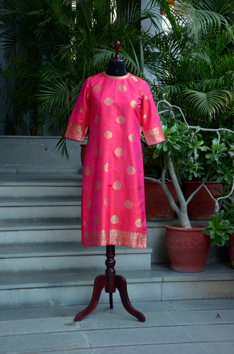 Fuchsia Woven Katan Silk with Gold Buta Kurta