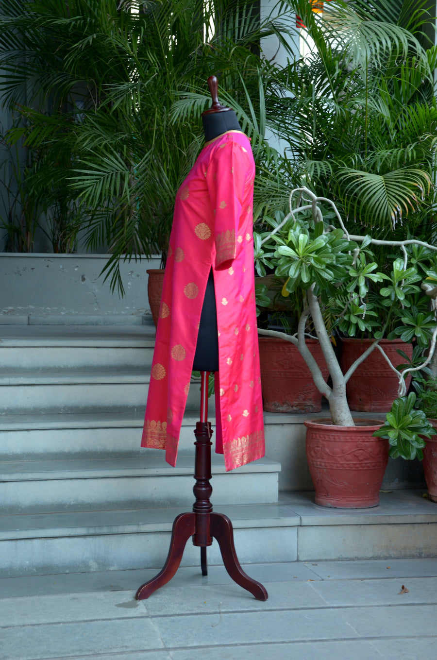 Fuchsia Woven Katan Silk with Gold Buta Kurta