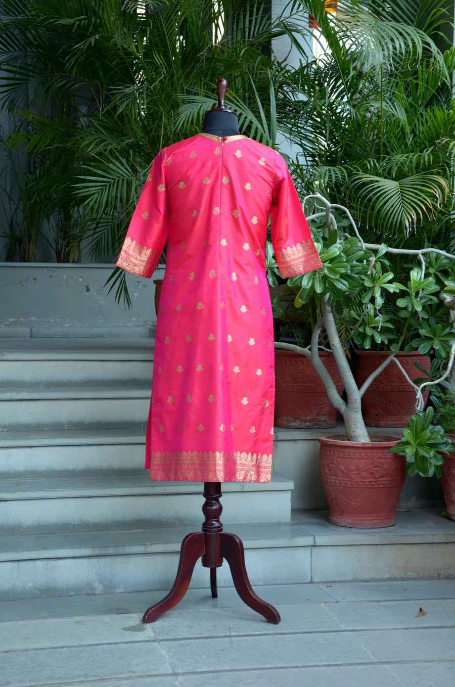 Fuchsia Woven Katan Silk with Gold Buta Kurta