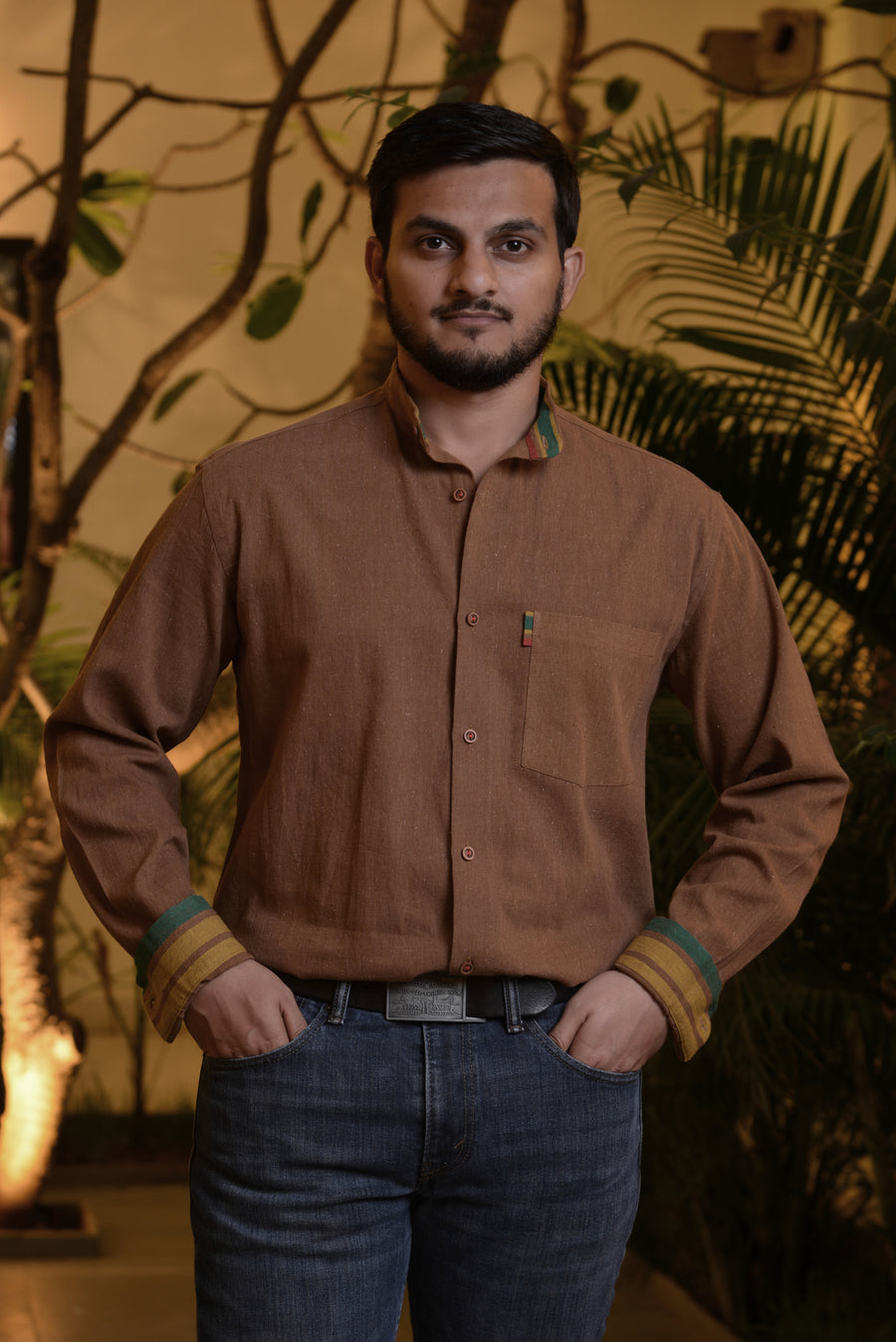 Pure Cotton  Mud Brown Stand Collar Shirt